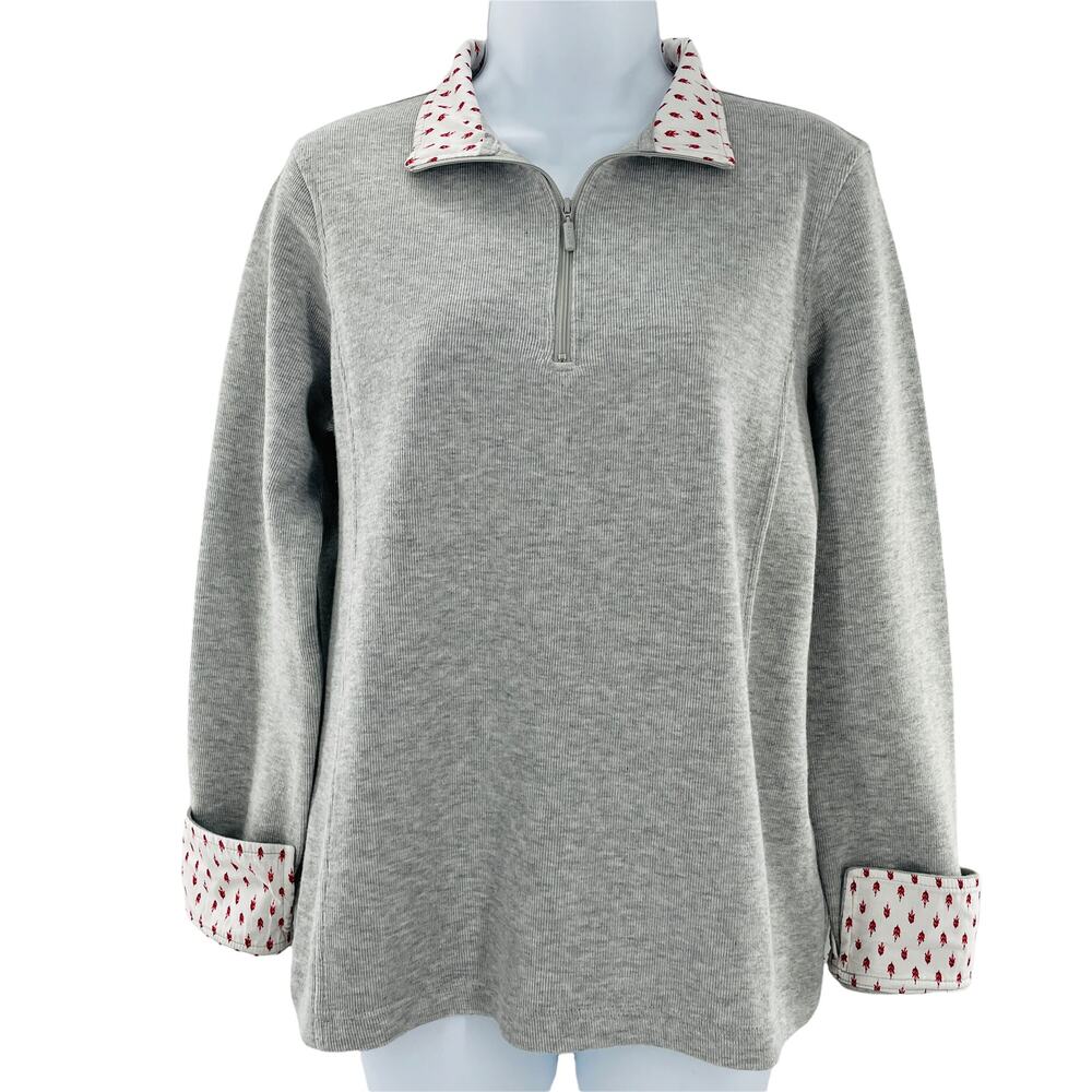 ORVIS Gray Heather Knit Pullover 1/4 Zip Contrast Red Floral Trim Top M